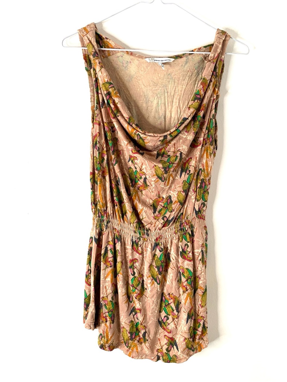 French Connection Bird Print Cowl Neck Mini Dress Sleeveless Smocked Waist